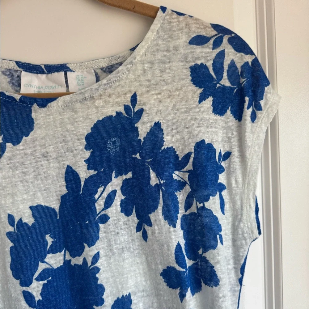Cynthia Rowley Linen Floral Cap Sleeve Summer Top Vacation Travel Blue White M - Picture 5 of 7